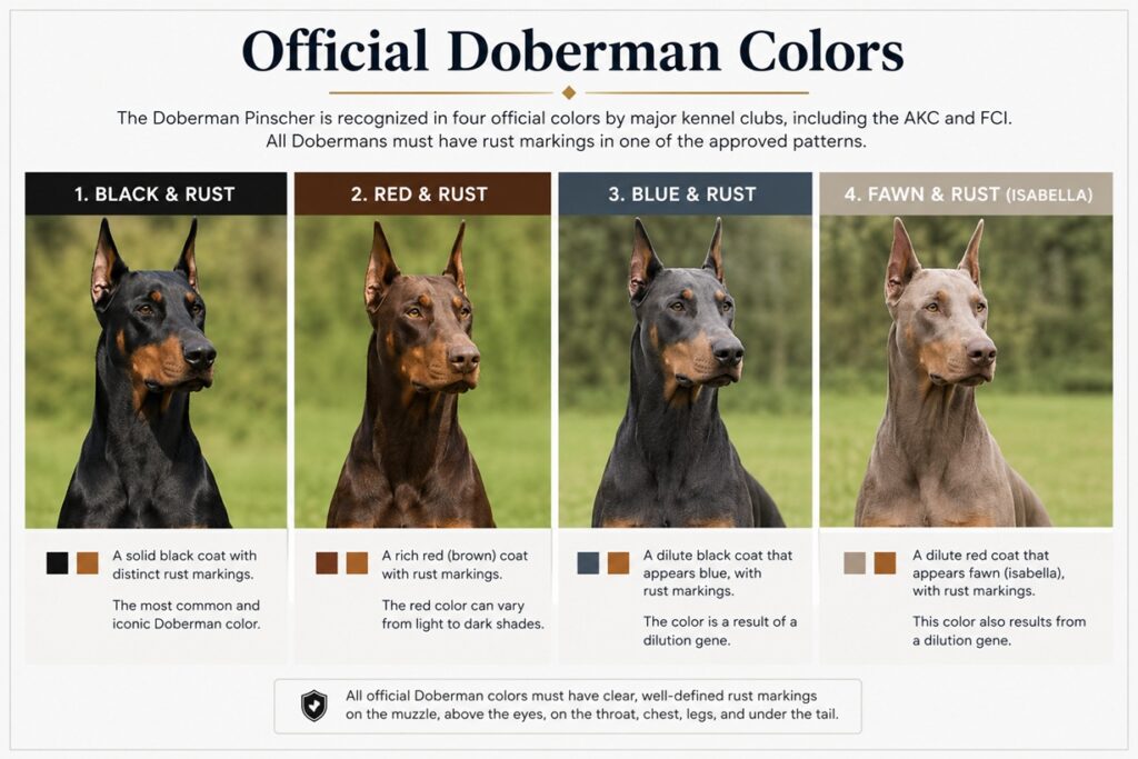 Doberman Colors Explained: Black, Red, Blue & Fawn (Genetics, Health & AKC Standards)