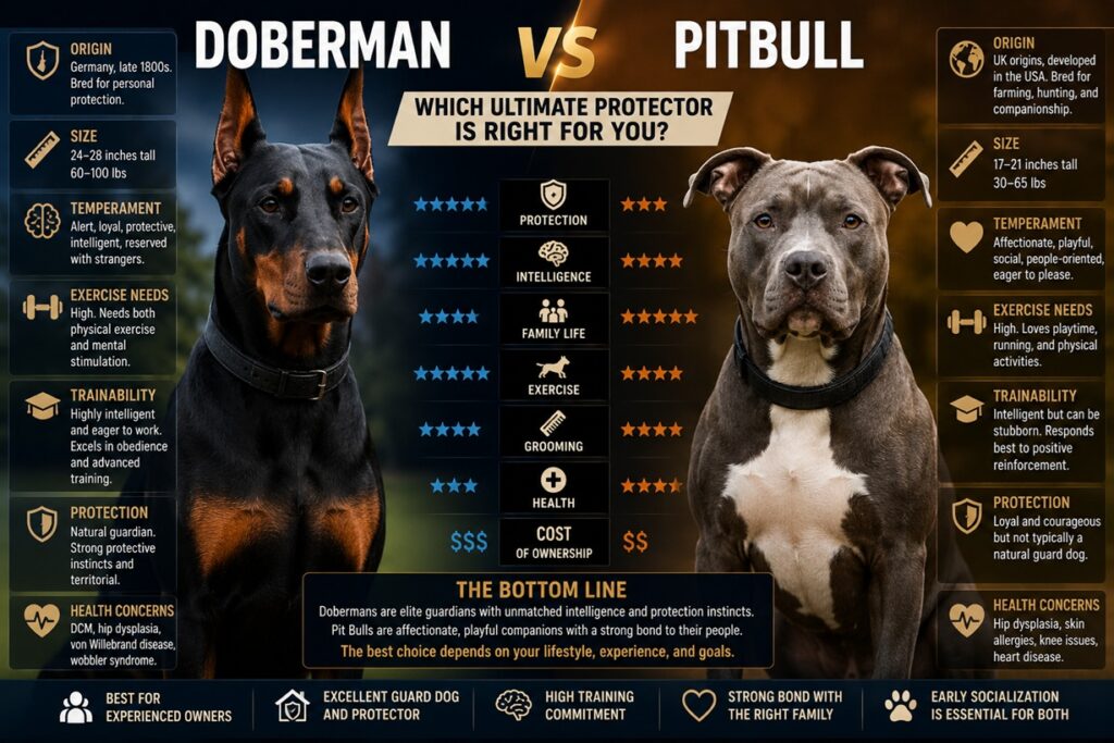 Doberman vs Pitbull: Which Breed Is Better for Protection, Families, and First-Time Owners?